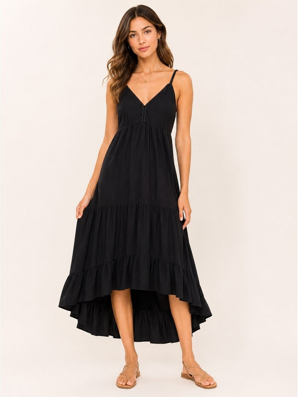 Derek Heart Black High Low Midi Dress Size L Braided Strap Smocked Back NWT